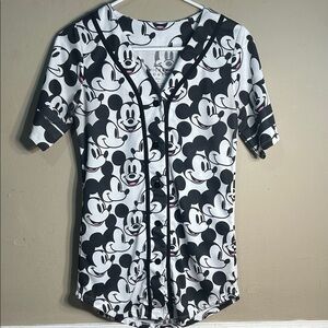 Disney Black & White Mickey Mouse Button-Front Baseball Jersey Size Small.